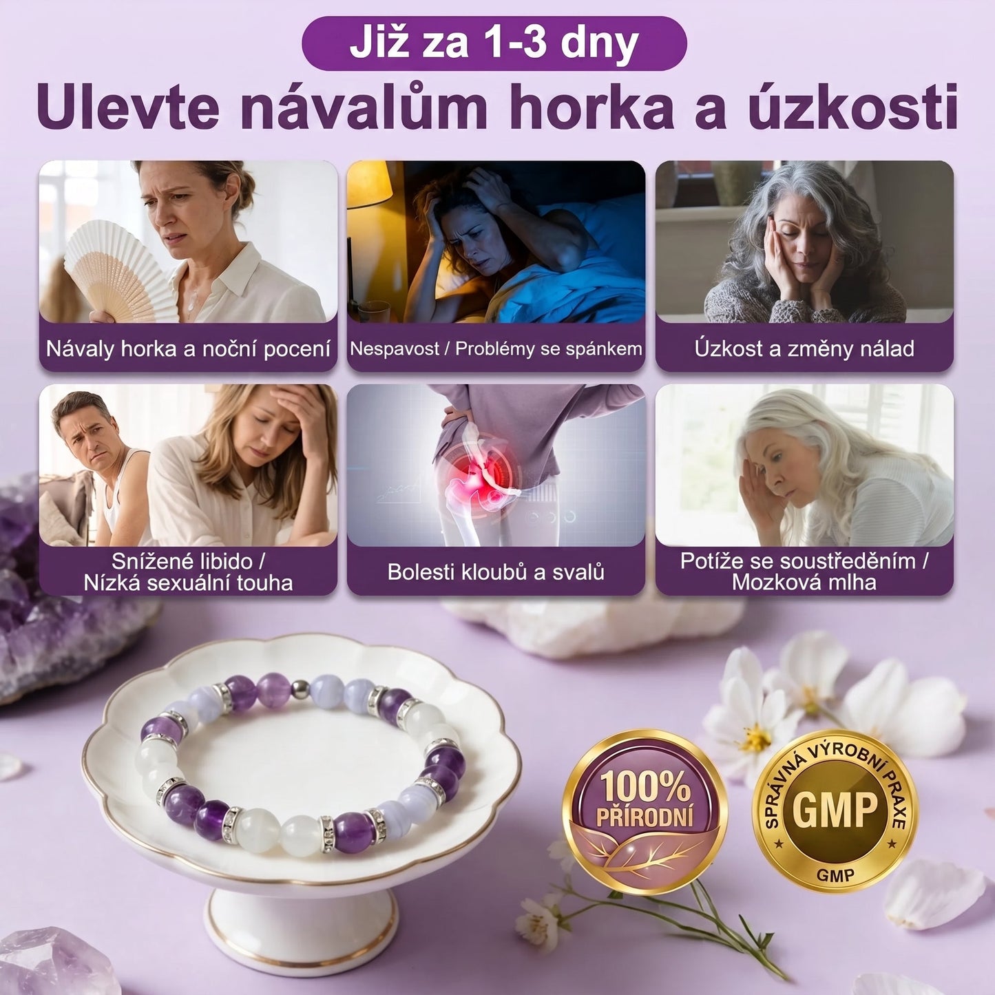 Náramek Tranquil Tide — Pomáhá ulevit od návalů horka, nočního pocení, úzkosti, bolesti kloubů, hormonální nerovnováhy, přibírání na váze a vypadávání vlasů souvisejícího s menopauzou.