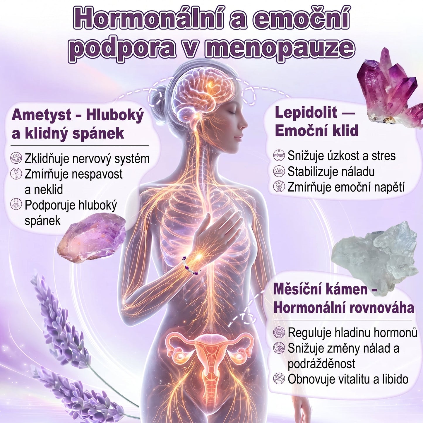 Náramek Tranquil Tide — Pomáhá ulevit od návalů horka, nočního pocení, úzkosti, bolesti kloubů, hormonální nerovnováhy, přibírání na váze a vypadávání vlasů souvisejícího s menopauzou.